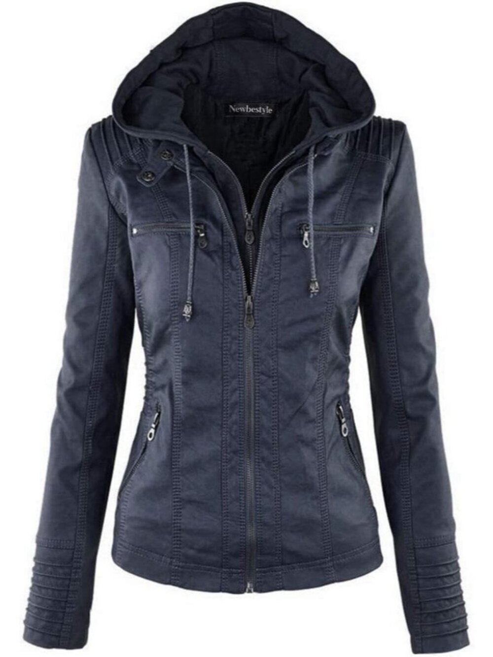 Women's Navy Blue Hooded Faux Leather Long Sleeve Zipper Motorcycle Jacket